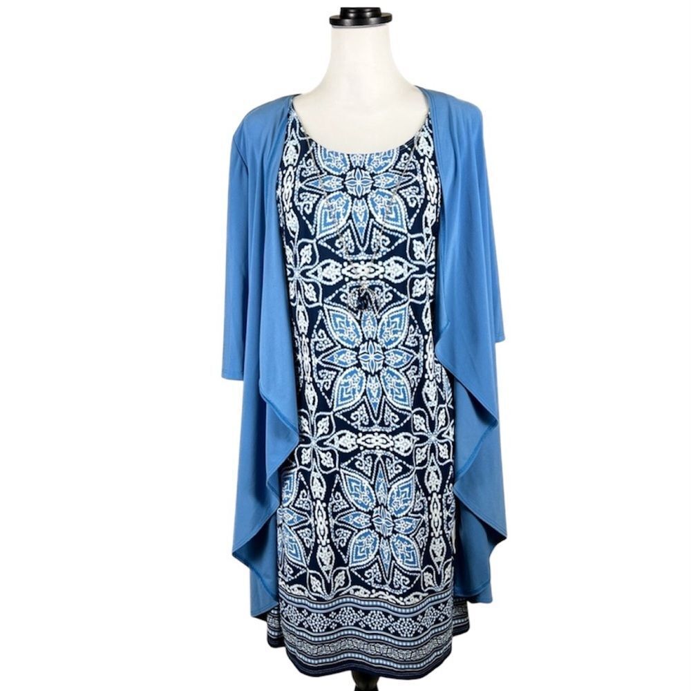 R&M Richards 2 Piece Jacket Dress Set Blue White Petite 4P NWT Necklace Included